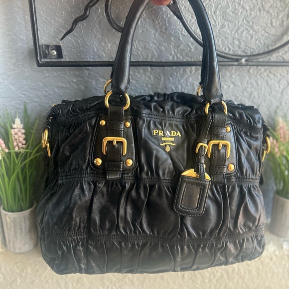 PRADA Ruched Gaufre Leather Top Handle Bag Crossbody Handbag Buttery Soft - Picture 14 of 17